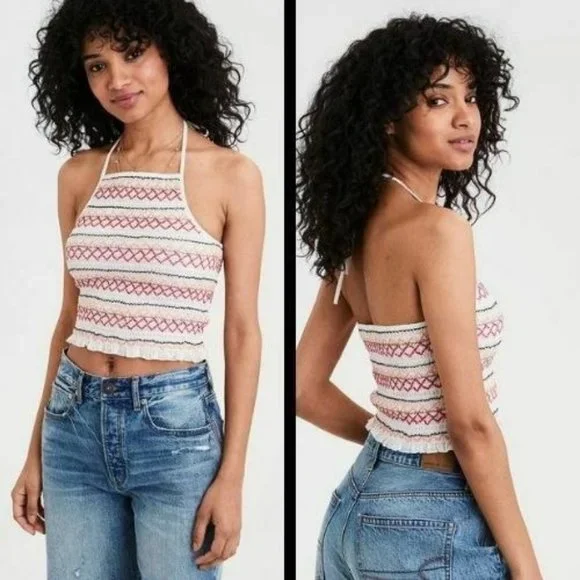 AE AMERICAN EAGLE OUTFITTERS Ivory White Crop Top MEDIUM Halter Smocked - Picture 1 of 9